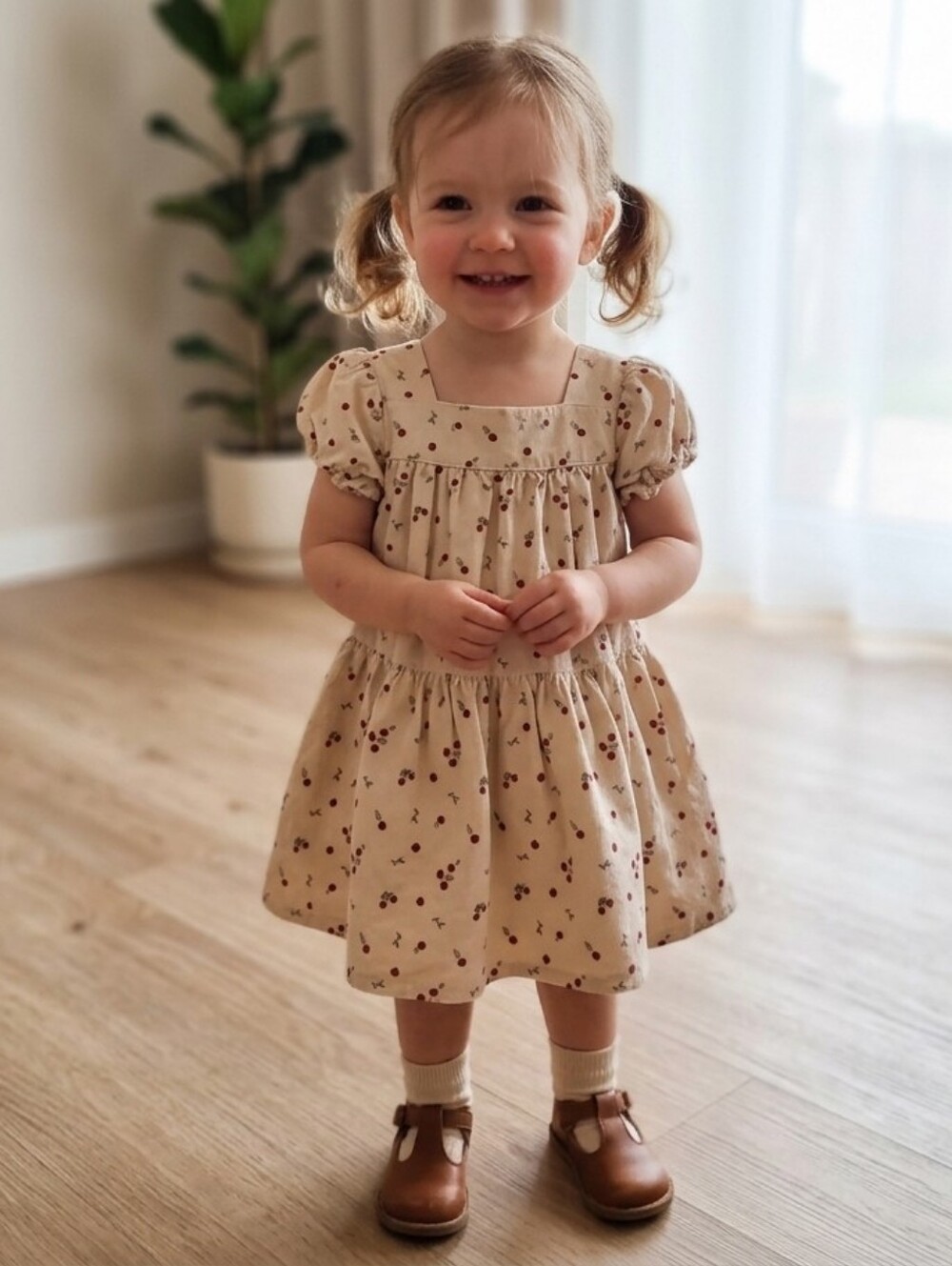Carter's Cream Dress with Red Cherry Print and Flutter Sleeves